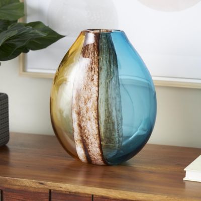 Harper & Willow Glass Rounded Ombre Decorative Vase with Brown Textured Stripe Details
