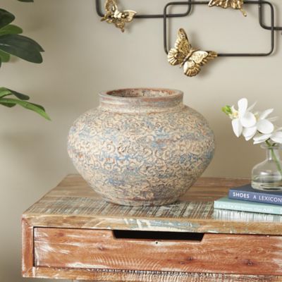 Harper & Willow Ceramic Handmade Antique Style Wide Rounded Scroll Decorative Vase with Blue and Copper Accents