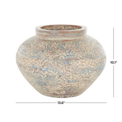 Image showing  Ceramic Handmade Antique Style Wide Rounded Scroll Decorative Vase with Blue and Copper Accents