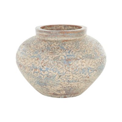 Image showing  Ceramic Handmade Antique Style Wide Rounded Scroll Decorative Vase with Blue and Copper Accents