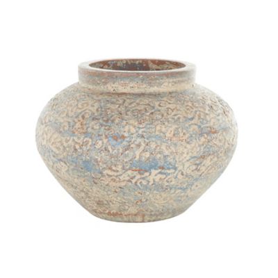 Image showing  Ceramic Handmade Antique Style Wide Rounded Scroll Decorative Vase with Blue and Copper Accents