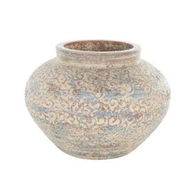 Image showing  Ceramic Handmade Antique Style Wide Rounded Scroll Decorative Vase with Blue and Copper Accents