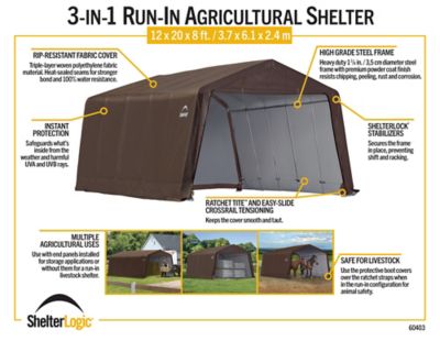 Image showing 8 th ShelterLogic 12 x 20 x 8ft. 3-in-1 Run-in Shelter Brown
