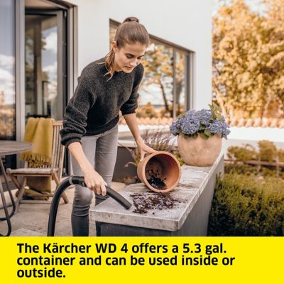 Image showing 5 th Karcher Shop Vacuum WD 4, 5.3 gal, 3.8 Peak HP, 33 ft. Reach, Blower Function, Heavy Duty, Crevice Tool, Floor Nozzle