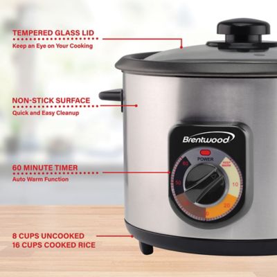 Brentwood Appliances 8-Cups Uncooked/16-Cups Cooked Stainless Steel Electric Crunchy Persian Rice Cooker