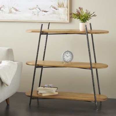 Harper & Willow Wood Oval Shaped Storage Shelving Unit with Black Metal Frame