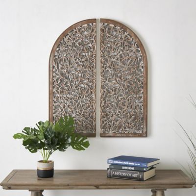 Harper & Willow Wooden Handmade Arched Floral Home Wall Decor with Intricate Carvings