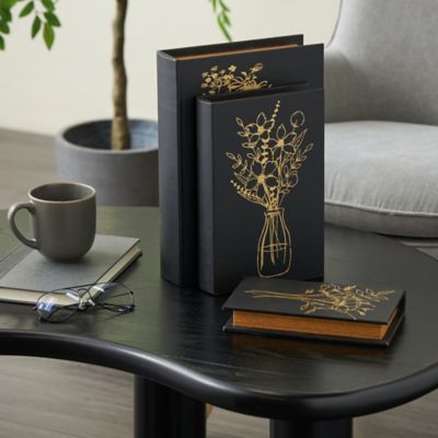 Harper & Willow Faux Leather Outline Faux Book Storage Floral Decorative Box with Metallic Gold Accents