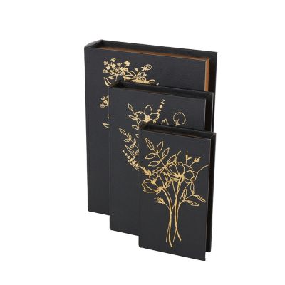 Image showing  Faux Leather Outline Faux Book Storage Floral Decorative Box with Metallic Gold Accents