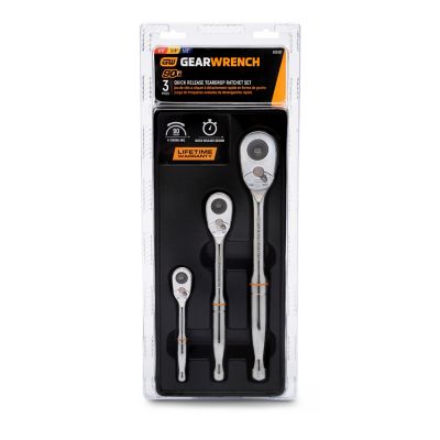 Image showing  3 pc. 1/4 in., 3/8 in. and 1/2 in. Drive 90T Quick Release Teardrop Ratchet Set