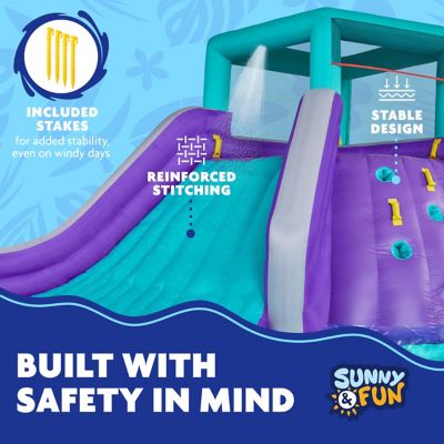 Image showing  Four Corner Inflatable Water Slide Park with Climbing Wall, Slide & Deep Pool - Purple