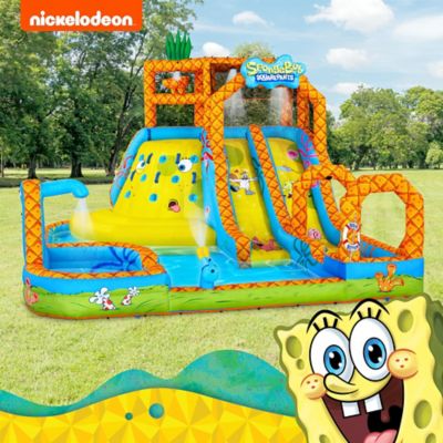 Image showing 5 th Sunny & Fun SpongeBob Mega Climb N' Go Inflatable Water Slide with Climbing Wall, 2 Slides & More!