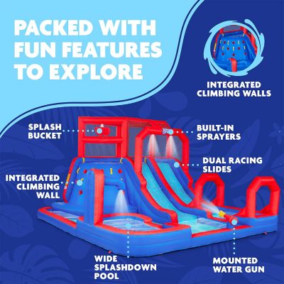 Image showing  Mega Climb N' Go Inflatable Water Slide Park with Climbing Wall & Pool - Red/Blue