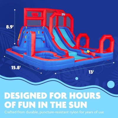 Image showing  Mega Climb N' Go Inflatable Water Slide Park with Climbing Wall & Pool - Red/Blue