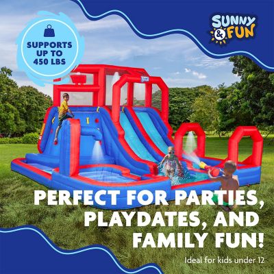 Image showing  Mega Climb N' Go Inflatable Water Slide Park with Climbing Wall & Pool - Red/Blue