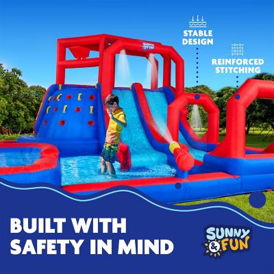 Image showing  Mega Climb N' Go Inflatable Water Slide Park with Climbing Wall & Pool - Red/Blue