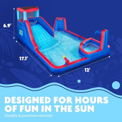 Image showing  Four Corner Inflatable Water Slide Park with Climbing Wall, Slide & Deep Pool - Red/Blue