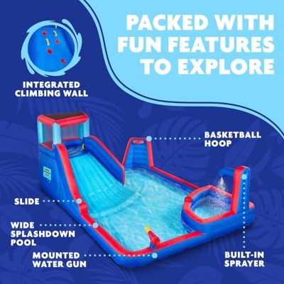 Image showing  Four Corner Inflatable Water Slide Park with Climbing Wall, Slide & Deep Pool - Red/Blue