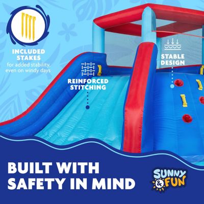 Image showing  Four Corner Inflatable Water Slide Park with Climbing Wall, Slide & Deep Pool - Red/Blue