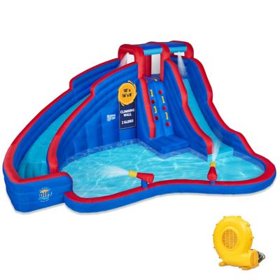 Sunny & Fun Double Dip Inflatable Water Slide Park with Climbing Wall, 2 Slides & Splash Pool