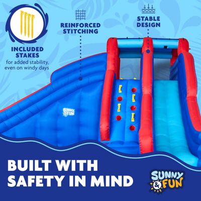 Image showing  Double Dip Inflatable Water Slide Park with Climbing Wall, 2 Slides & Splash Pool