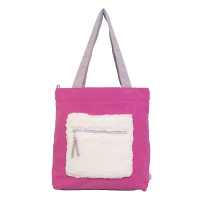 mimish Color Block Tote - Corduroy & Sherpa Bag with Double Pockets + Cozy Coin Purse - Hibiscus Pink