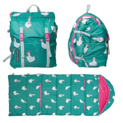 mimish Sleep-N-Pack Big Kid Sleeping Bag Backpack - Silly Ducks in Golf Green