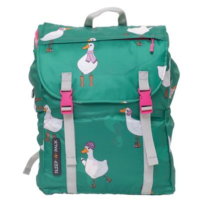 Image showing  Sleep-N-Pack Big Kid Sleeping Bag Backpack - Silly Ducks in Golf Green