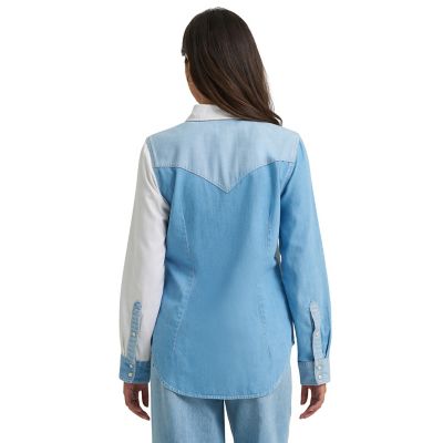 Image showing  Women's Retro Boyfriend Fit Mixed Denim Snap Shirt