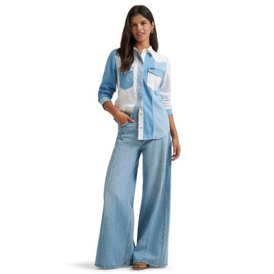 Image showing 3 th Wrangler Women's Retro Boyfriend Fit Mixed Denim Snap Shirt