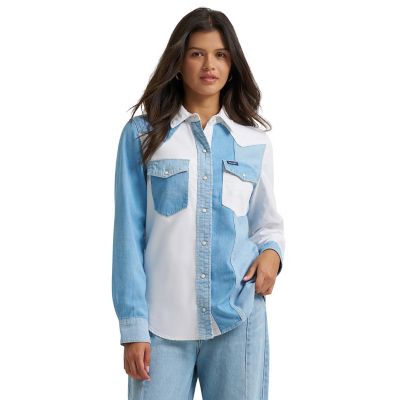 Wrangler Women's Retro Boyfriend Fit Mixed Denim Snap Shirt