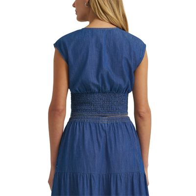 Image showing  Women's Retro Smocked Crop Denim Top