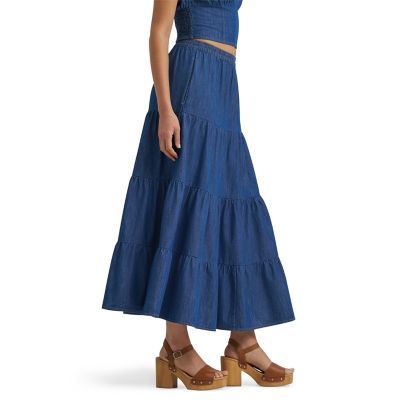 Image showing  Women's Retro Denim Tiered Maxi Skirt