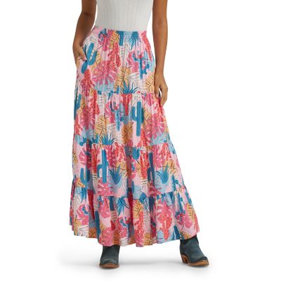 Image showing  Women's Retro Cactus Print Tiered Maxi Skirt