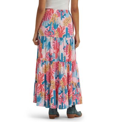 Image showing  Women's Retro Cactus Print Tiered Maxi Skirt