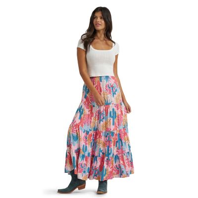 Wrangler Women's Retro Cactus Print Tiered Maxi Skirt