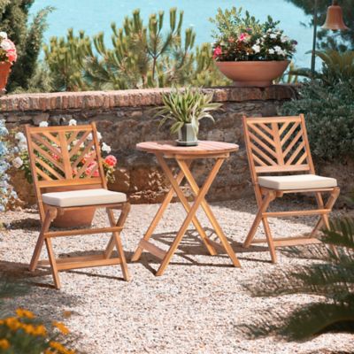 Image showing  3-Piece Acacia Wood Patio Set, Foldable Bistro Table and Chairs Set of 2, Small Patio Furniture Set with Cushions