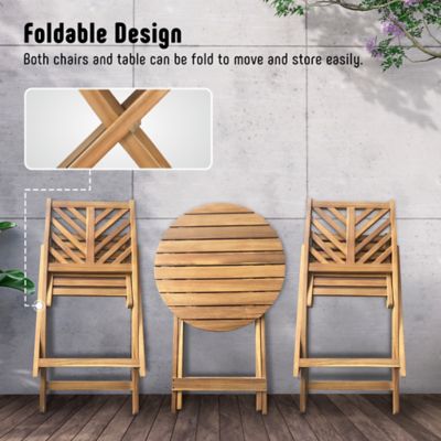 Image showing  3-Piece Acacia Wood Patio Set, Foldable Bistro Table and Chairs Set of 2, Small Patio Furniture Set with Cushions