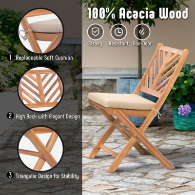 Image showing  3-Piece Acacia Wood Patio Set, Foldable Bistro Table and Chairs Set of 2, Small Patio Furniture Set with Cushions