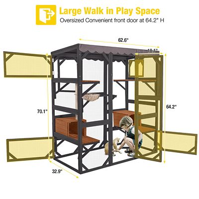 Image showing 5 th Aivituvin 62.6 in. L Walk-in Large Cat Enclosure with Roof Tarp - Connects to Windows or Cat Doors - Cat Catio-Brown