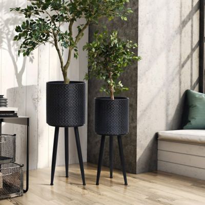 Image showing 1 th LuxenHome Set of 2 Black Dimpled Metal Cachepot Planters with Black Metal Legs