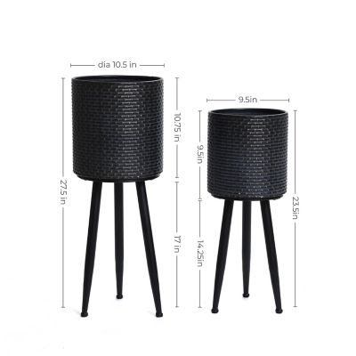 Image showing 6 th LuxenHome Set of 2 Black Dimpled Metal Cachepot Planters with Black Metal Legs