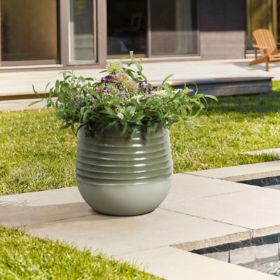 Image showing  Emerald Ribbed Top with Ivory Bottom Resin Round Planter
