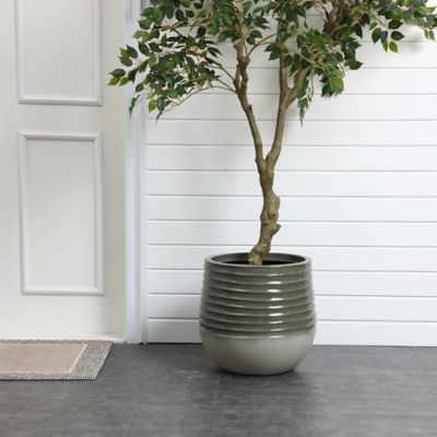 Image showing  Emerald Ribbed Top with Ivory Bottom Resin Round Planter