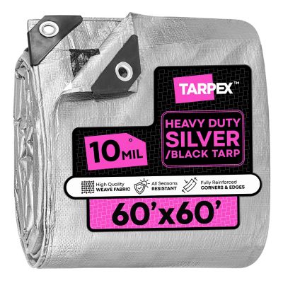 Tarpex 60 x 60ft. Waterproof Heavy-Duty 10 Mil Polyethylene Tarp, Silver/Black