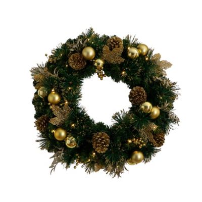 Nearly Natural 24 in. Pre-Lit Faux Golden Frosted Christmas Wreath with Warm White Lights Pinecones, Berries and Ornaments