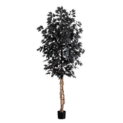 Nearly Natural 7 ft. Artificial Halloween Black Ficus Tree with Natural Trunk