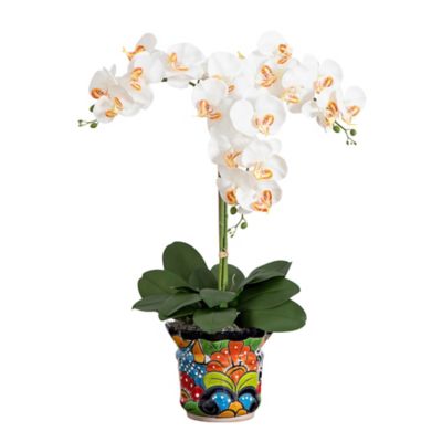 Nearly Natural 27 in. Artificial Triple Orchid Arrangement in Handmade Mexican Talavera Ceramic Planter