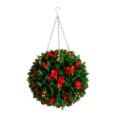 Nearly Natural 15 in. UV Resistant Artificial Red Tip Photinia Christmas Hanging Ball with Gold Berries (Indoor/Outdoor)
