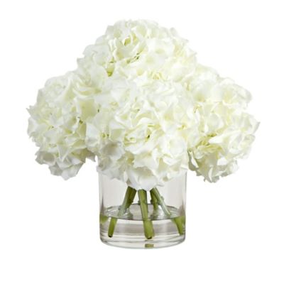 Nearly Natural Wedding Collection 14 in. Artificial Hydrangea Arrangement in Glass Vase